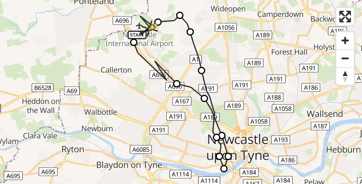 Flight path map showing Police Helicopter route from Newcastle International Airport to Newcastle International Airport
