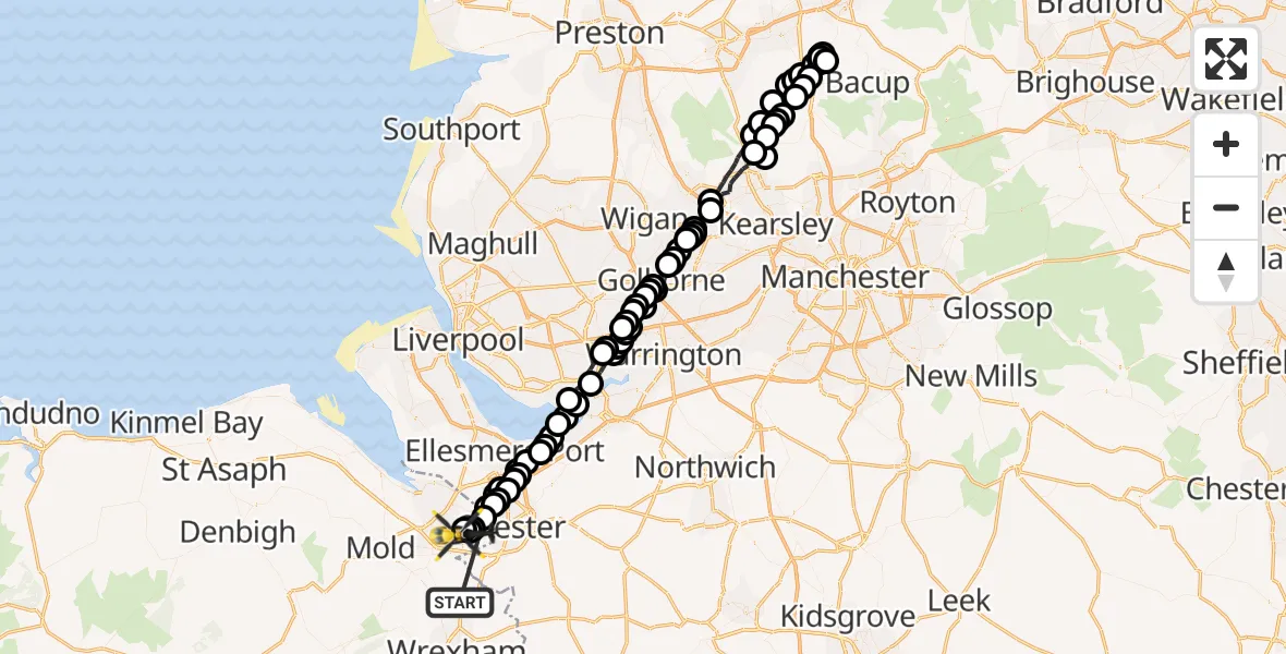 Flight path map showing Police Helicopter route from Llay to Sandycroft