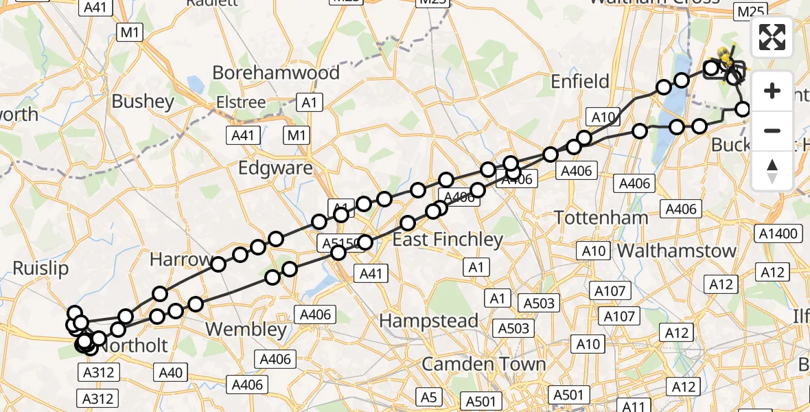 Flight path map showing Police Helicopter route from Metropolitan Police Air Support Unit Lippitts Hill to Sewardstonebury
