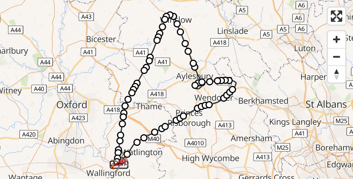 Flight path map showing Air Ambulance Helicopter route from RAF Benson to RAF Benson