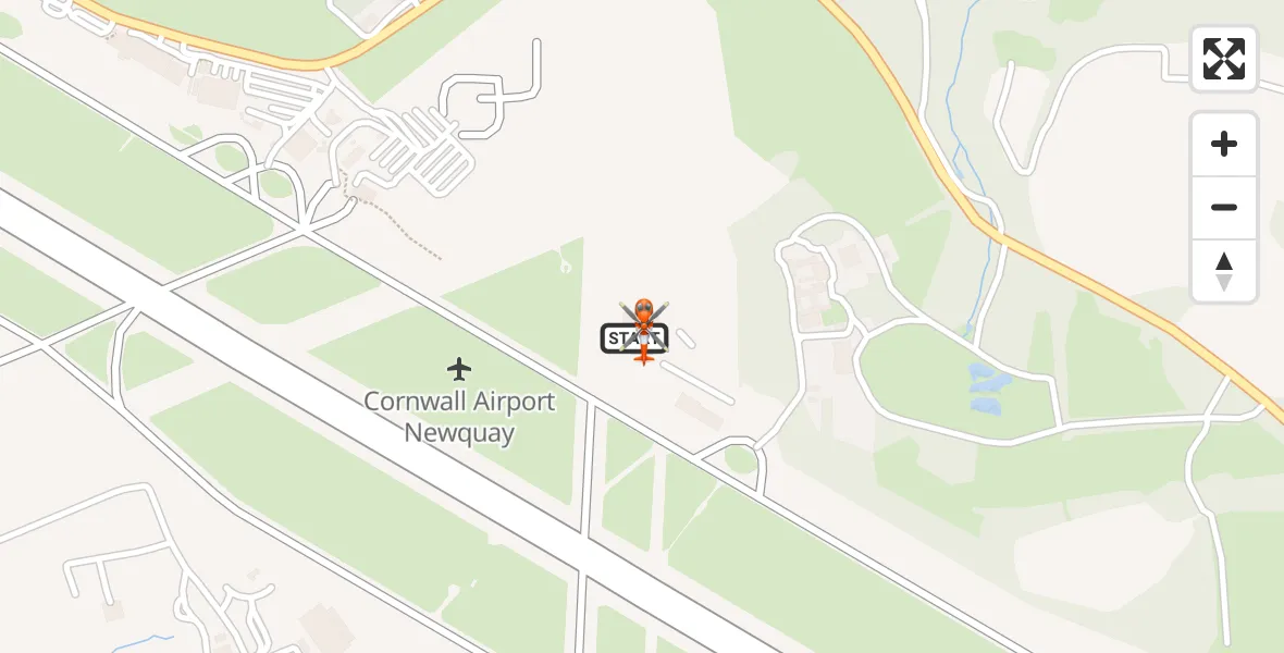 Flight path map showing Coastguard Helicopter route from Cornwall Airport Newquay to Cornwall Airport Newquay