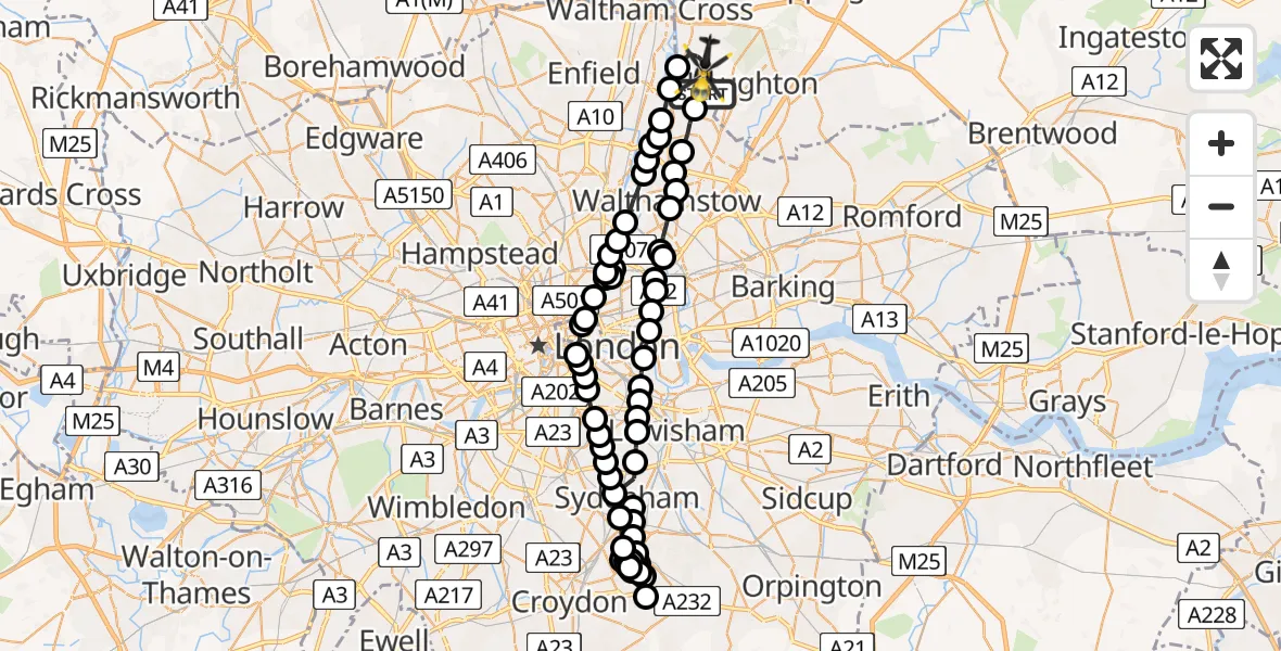 Flight path map showing Police Helicopter route from Sewardstonebury to Epping Forest