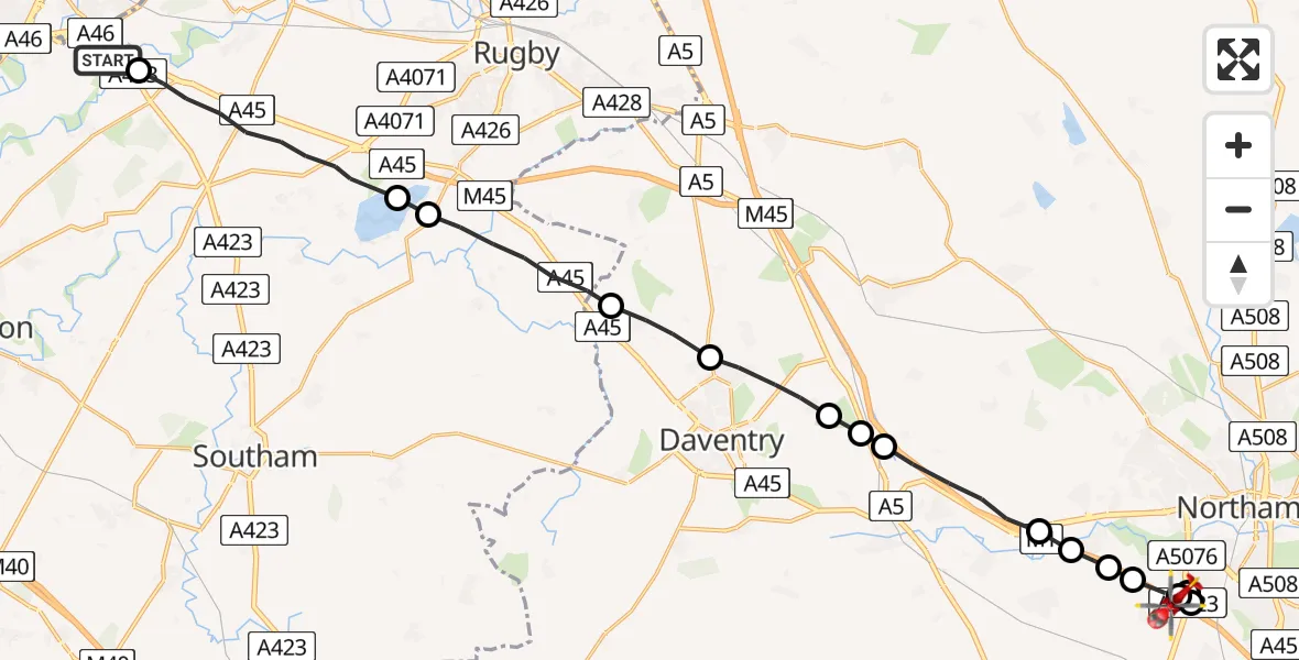 Flight path map showing Air Ambulance Helicopter route from Rugby to Swan Valley