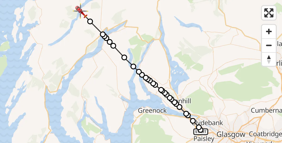 Flight path map showing Air Ambulance Helicopter route from Glasgow Airport to Argyll and Bute