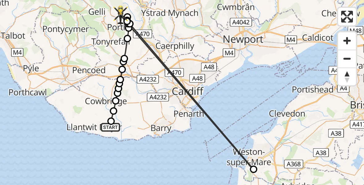 Flight path map showing Police Helicopter route from MOD St Athan to Ynysybwl