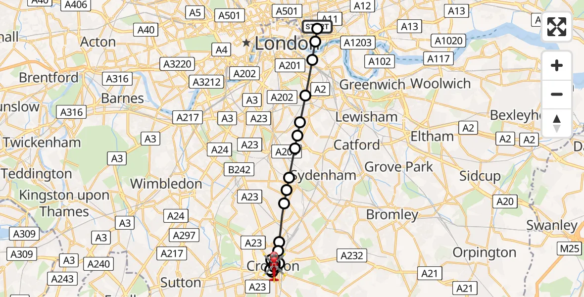 Flight path map showing Air Ambulance Helicopter route from Royal London Hospital to Waddon