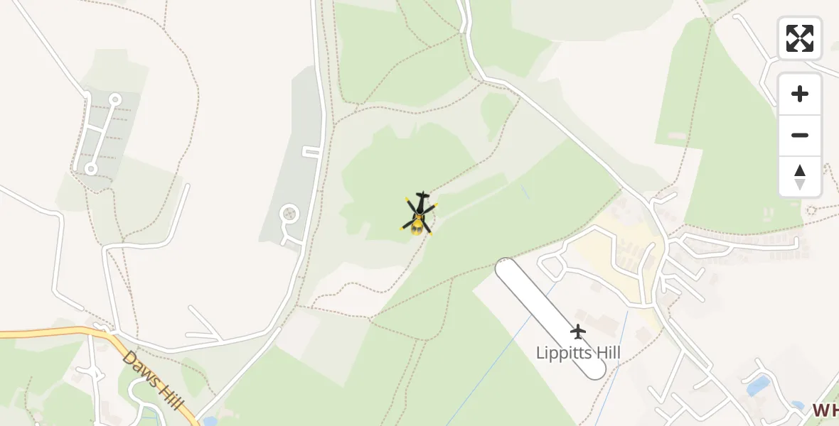 Flight path map showing Police Helicopter route from Metropolitan Police Air Support Unit Lippitts Hill to Metropolitan Police Air Support Unit Lippitts Hill