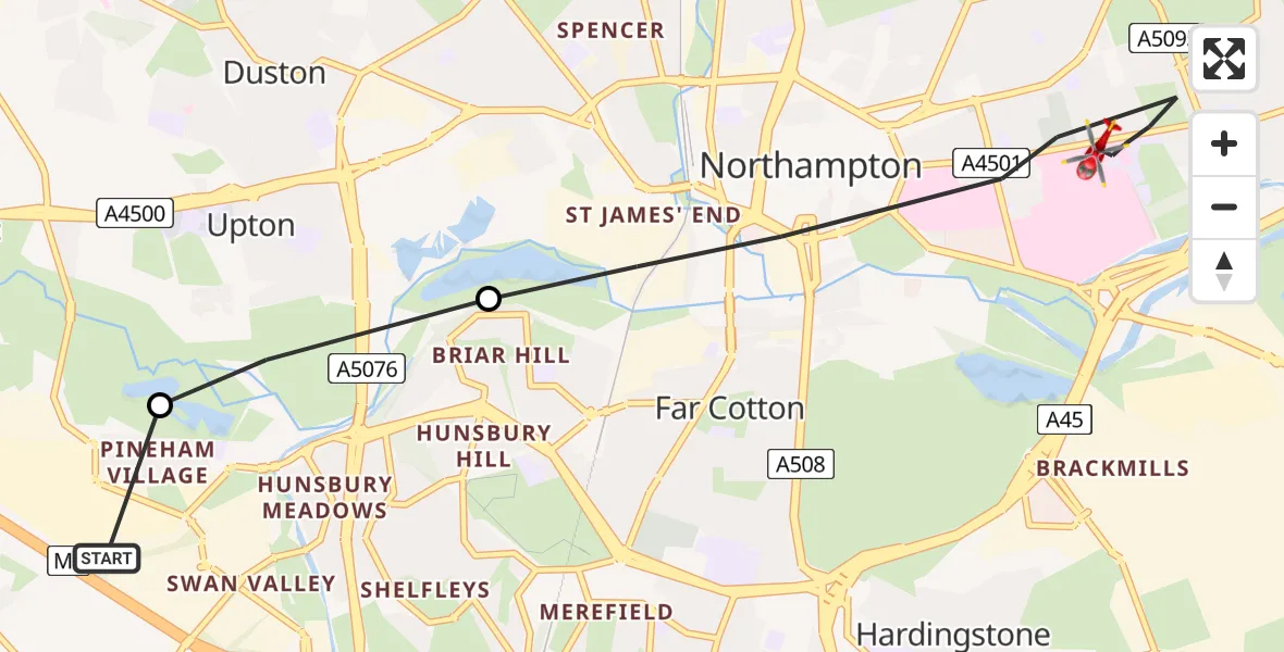 Flight path map showing Air Ambulance Helicopter route from Kislingbury to Northampton