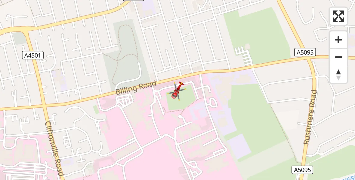 Flight path map showing Air Ambulance Helicopter route from Northampton to Northampton