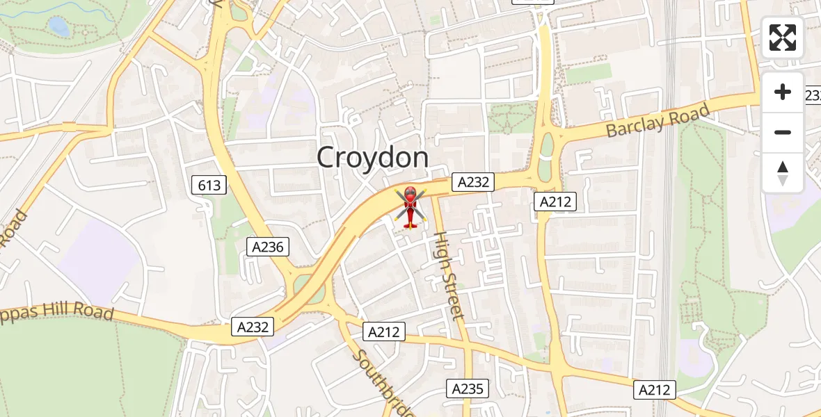 Flight path map showing Air Ambulance Helicopter route from Broad Green to Broad Green