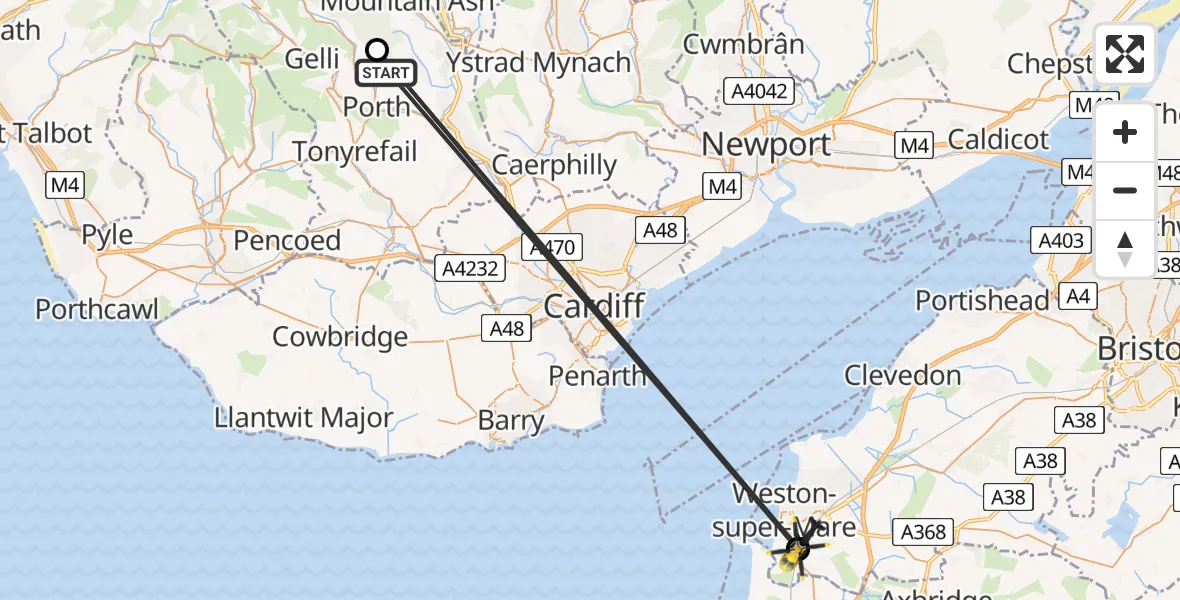 Flight path map showing Police Helicopter route from Pontypridd to Weston-super-Mare