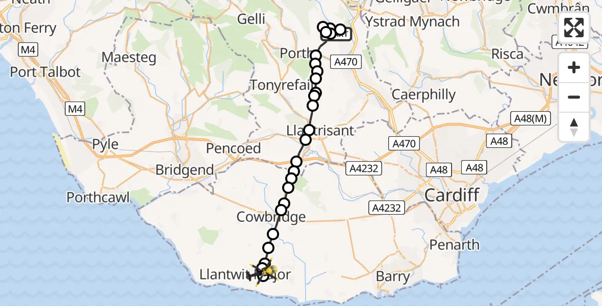 Flight path map showing Police Helicopter route from Cilfynydd to Boverton