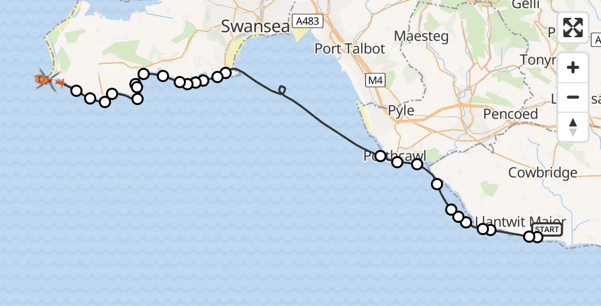 Flight path map showing Coastguard Helicopter route from MOD St Athan to Rhossili