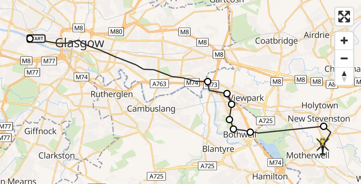 Flight path map showing Police Helicopter route from Glasgow City Heliport to Motherwell