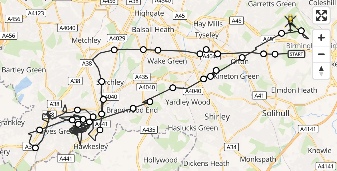 Flight path map showing Police Helicopter route from Solihull to Sheldon