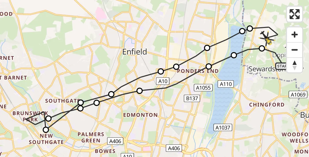 Flight path map showing Police Helicopter route from Sewardstonebury to Epping Forest