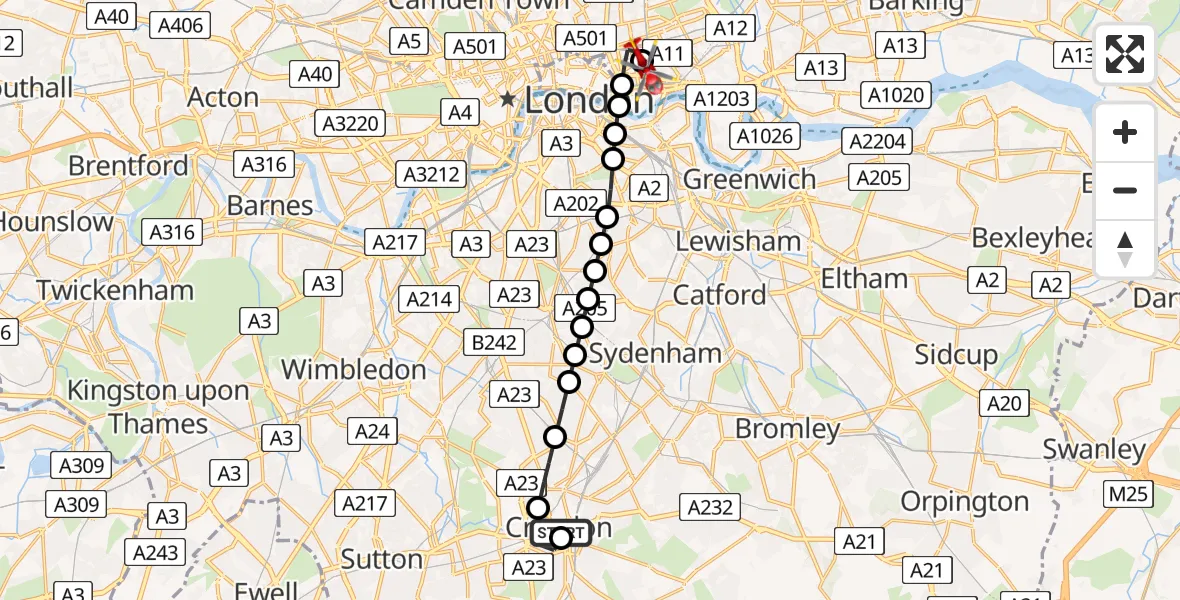 Flight path map showing Air Ambulance Helicopter route from Broad Green to Royal London Hospital