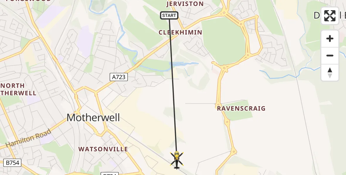 Flight path map showing Police Helicopter route from New Stevenston to Motherwell