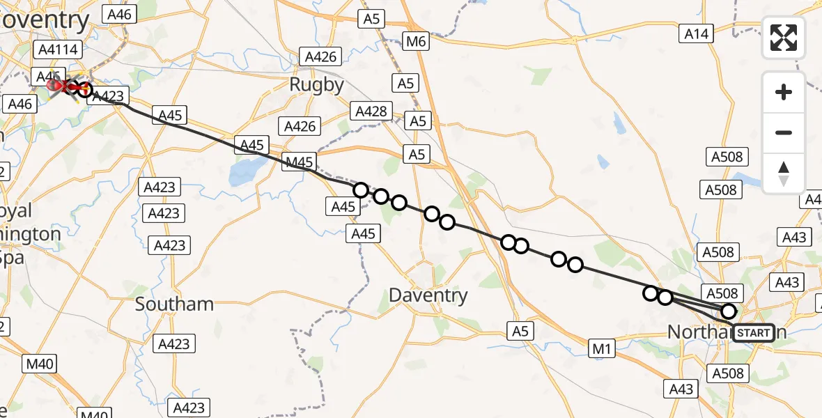 Flight path map showing Air Ambulance Helicopter route from Northampton to Coventry Airport