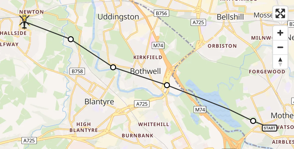 Flight path map showing Police Helicopter route from Motherwell to Cambuslang