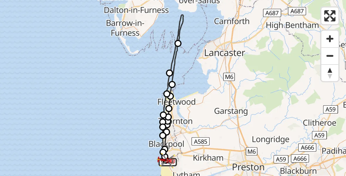 Flight path map showing Air Ambulance Helicopter route from Blackpool Airport to Fylde
