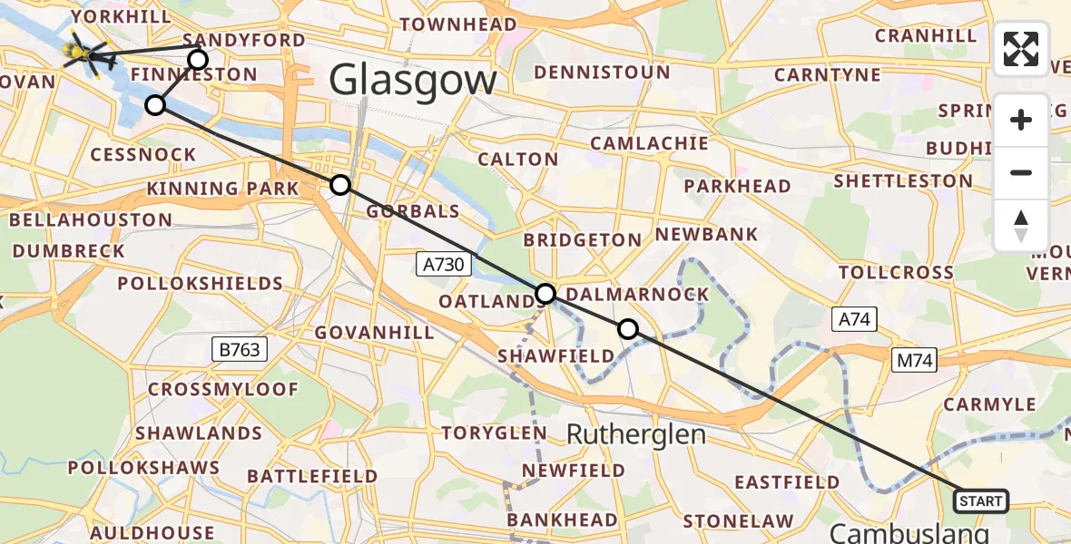 Flight path map showing Police Helicopter route from Cambuslang to Glasgow City Heliport