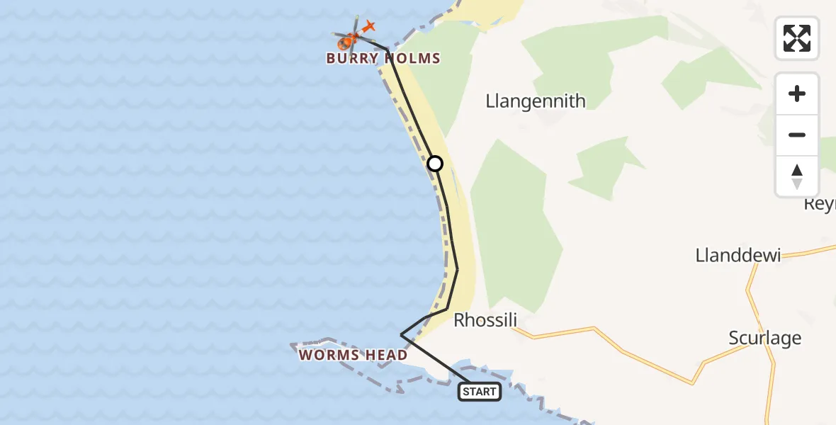 Flight path map showing Coastguard Helicopter route from Rhossili to 