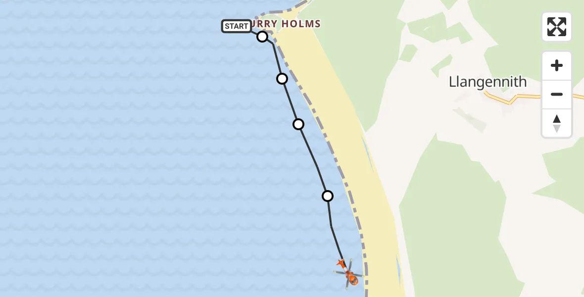 Flight path map showing Coastguard Helicopter route from  to Rhossili
