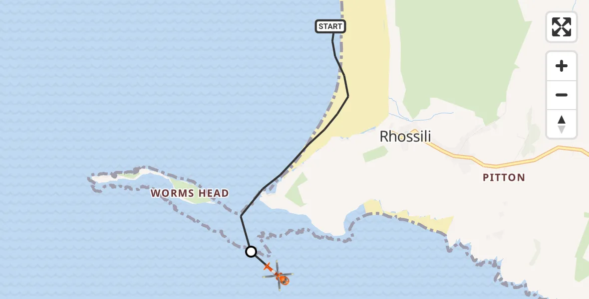 Flight path map showing Coastguard Helicopter route from Rhossili to Bristol Channel