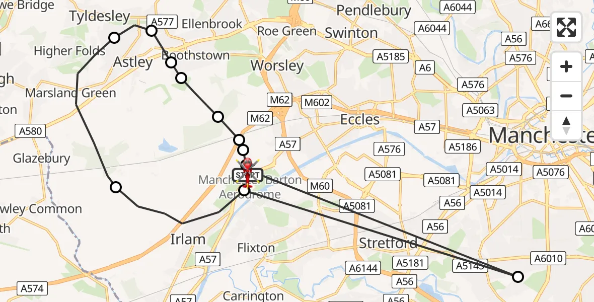 Flight path map showing Air Ambulance Helicopter route from Manchester Barton Aerodrome to Manchester Barton Aerodrome