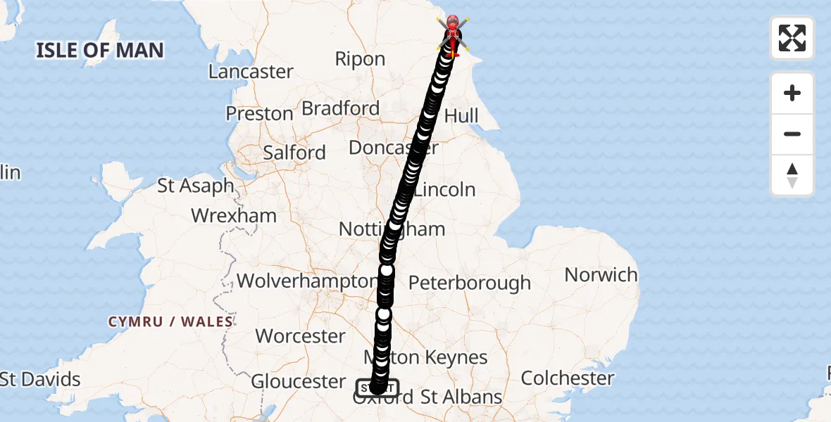 Flight path map showing Air Ambulance Helicopter route from London Oxford Airport to Newby