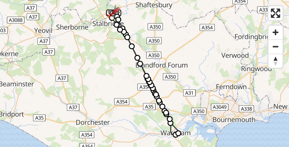 Flight path map showing Air Ambulance Helicopter route from Henstridge Airfield to Henstridge Airfield