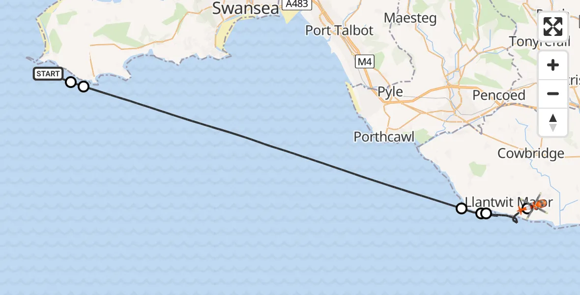 Flight path map showing Coastguard Helicopter route from Bristol Channel to MOD St Athan