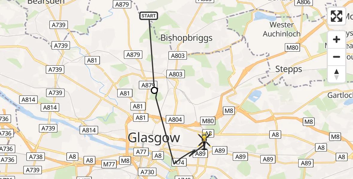 Flight path map showing Police Helicopter route from Glasgow to Glasgow
