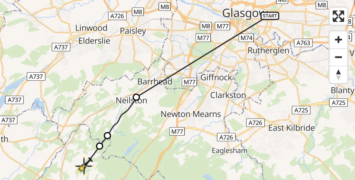 Flight path map showing Police Helicopter route from Glasgow to Townend of Fullwood
