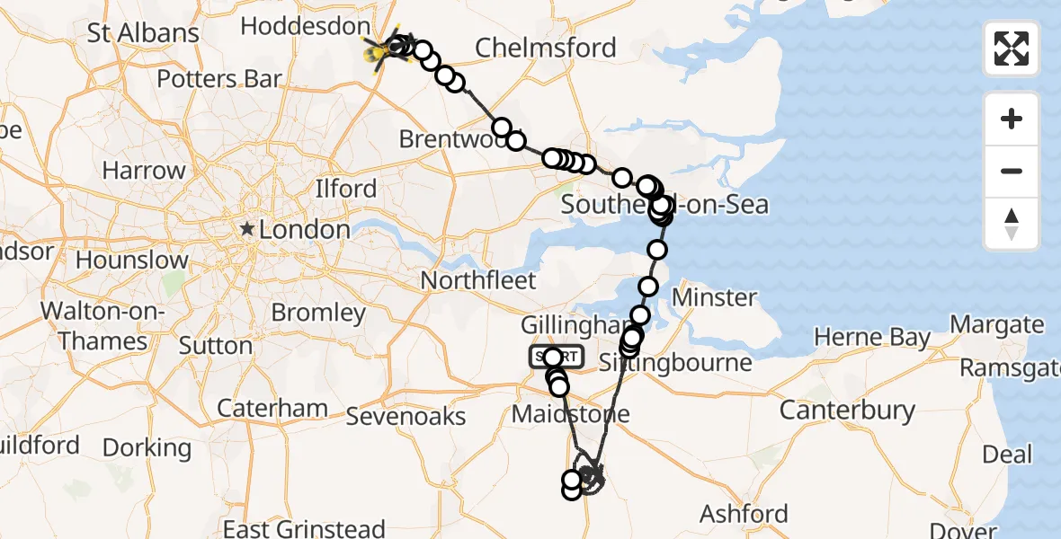 Flight path map showing Police Helicopter route from Tonbridge and Malling to North Weald Bassett
