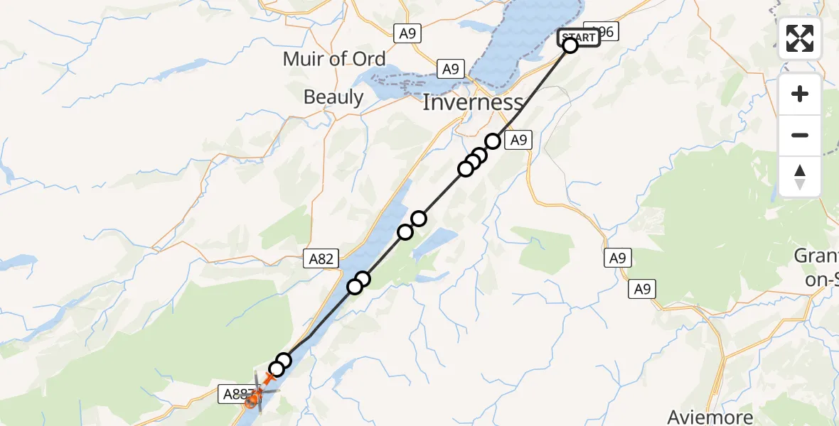 Flight path map showing Coastguard Helicopter route from Inverness Airport to Loch Ness