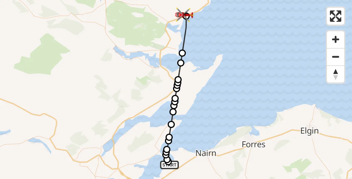 Flight path map showing Air Ambulance Helicopter route from Ardersier to Golspie