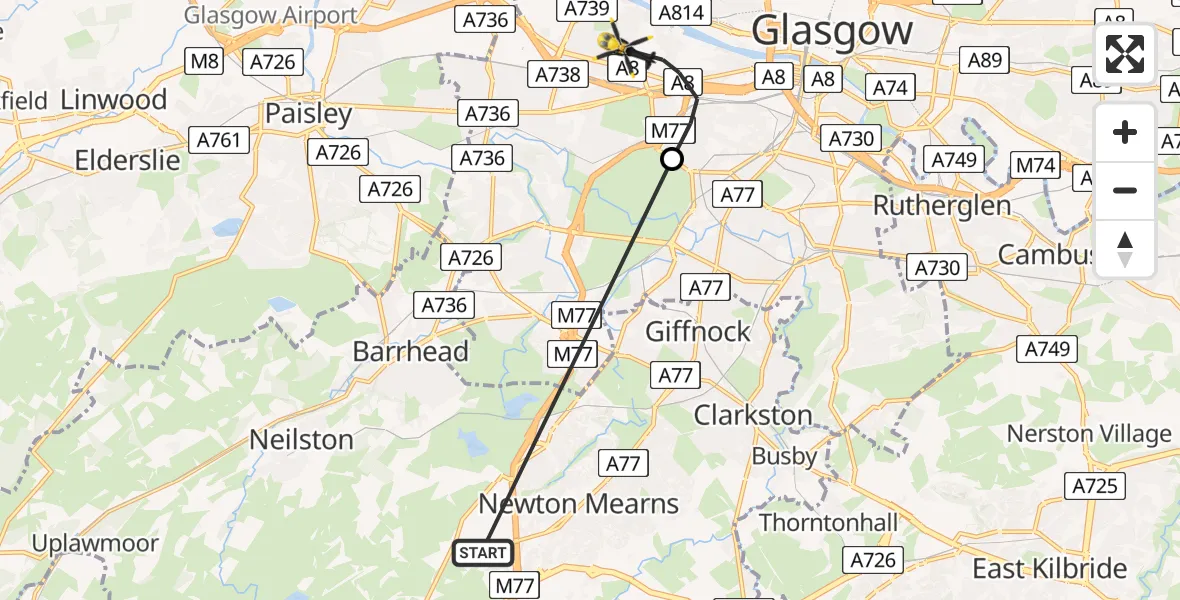Flight path map showing Police Helicopter route from Newton Mearns to Glasgow