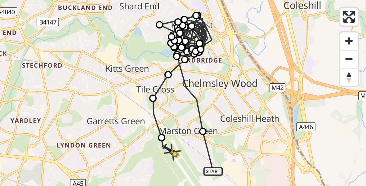 Flight path map showing Police Helicopter route from Birmingham Airport to Birmingham Airport