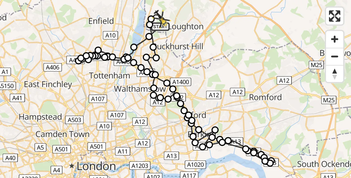 Flight path map showing Police Helicopter route from Sewardstonebury to Sewardstonebury