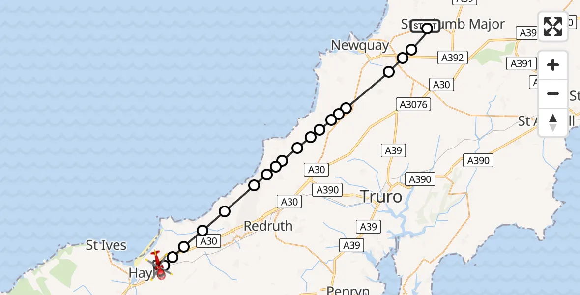 Flight path map showing Air Ambulance Helicopter route from Cornwall Airport Newquay to Hayle