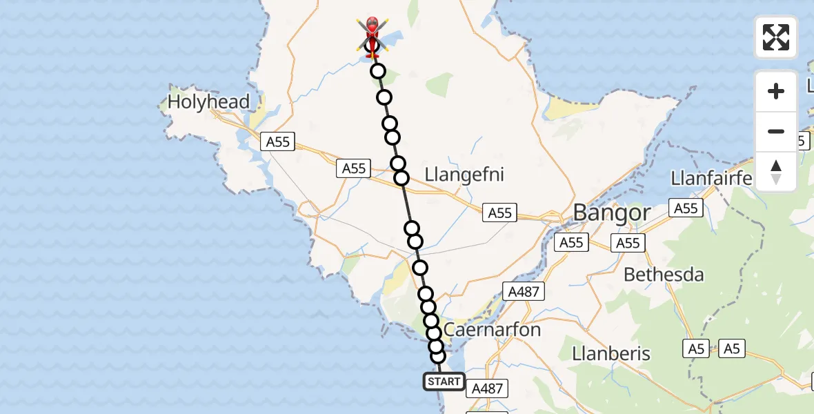 Flight path map showing Air Ambulance Helicopter route from Caernarfon Airport to Llanbabo