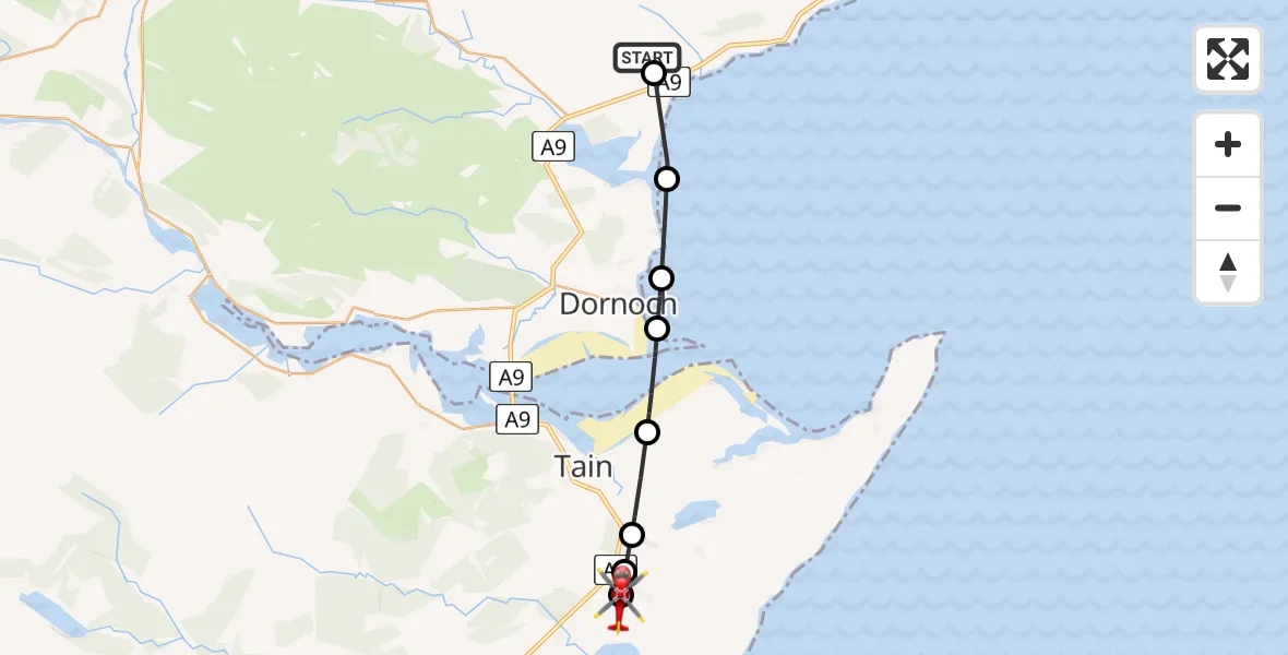 Flight path map showing Air Ambulance Helicopter route from Highland to Kildary