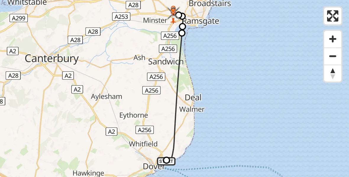 Flight path map showing Coastguard Helicopter route from Langdon Battery Heliport to Manston Airport