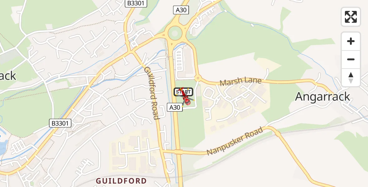 Flight path map showing Air Ambulance Helicopter route from Hayle to Hayle