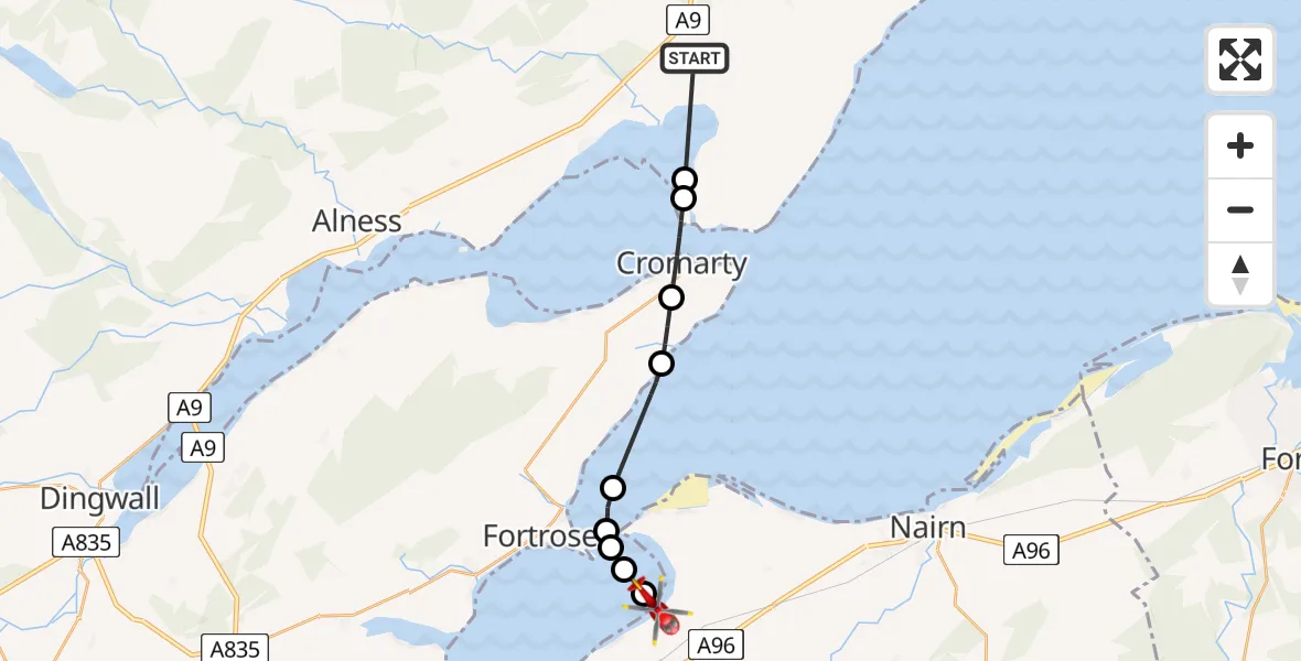 Routekaart van de vlucht: Air Ambulance Helicopter to Mains of Connage, Old Military Road