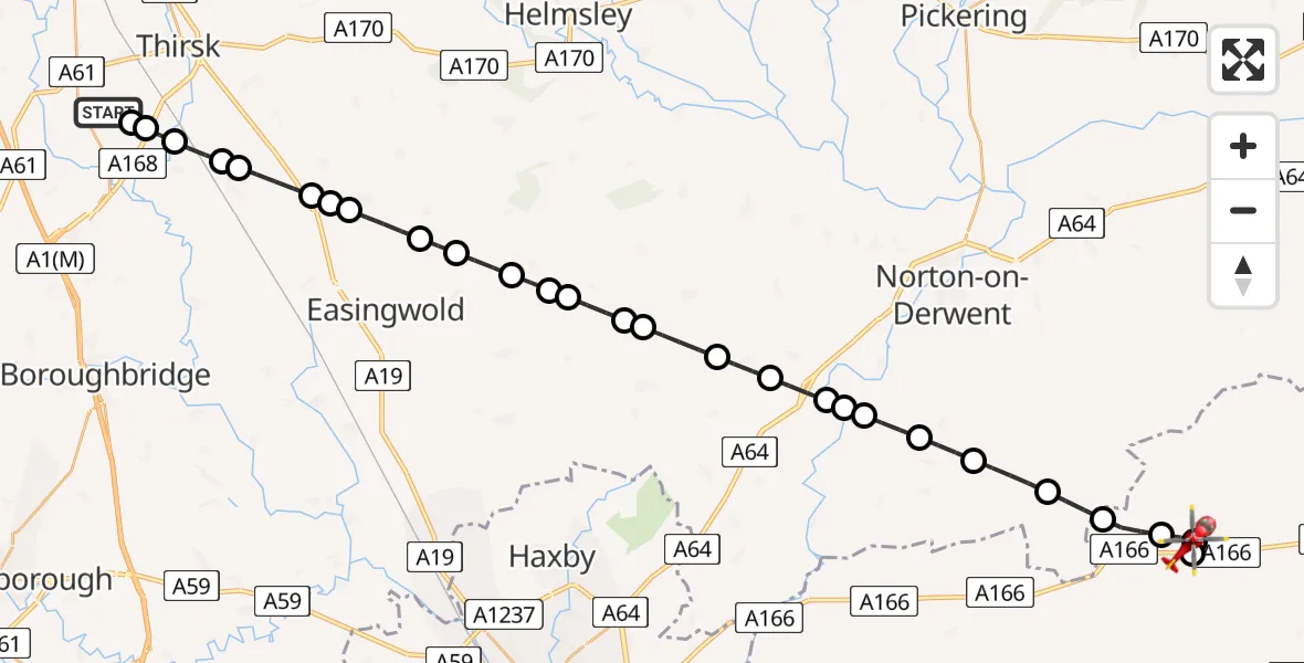 Flight path map showing Air Ambulance Helicopter route from RAF Topcliffe to Fimber