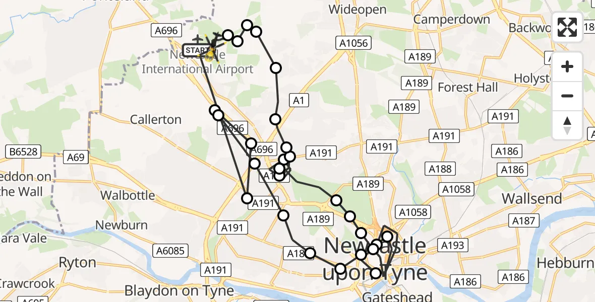 Flight path map showing Police Helicopter route from Newcastle International Airport to Newcastle International Airport