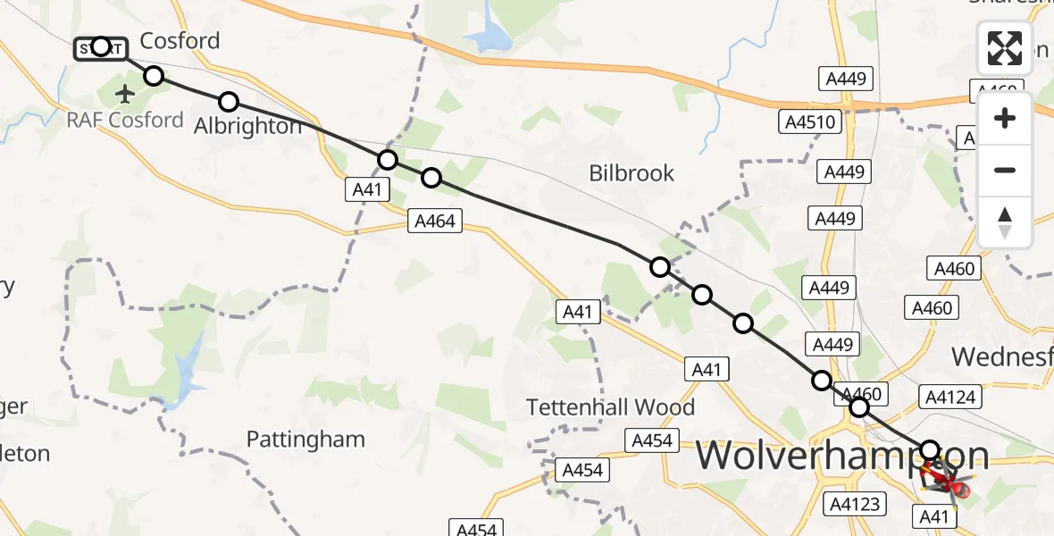 Flight path map showing Air Ambulance Helicopter route from RAF Cosford to Bilston
